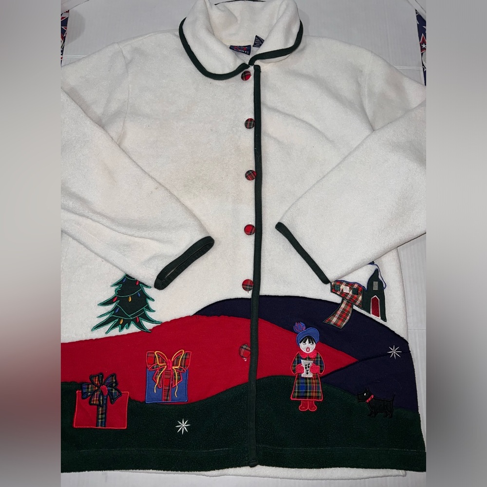 Renee Sports Ladies Sz  Large Button Front Ivory Holiday Fleece Jacket Christmas